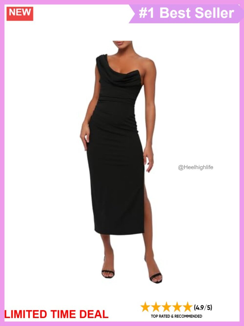Bodycon One Shoulder Crepe Midi Dress Ruched Side Slit Cocktail